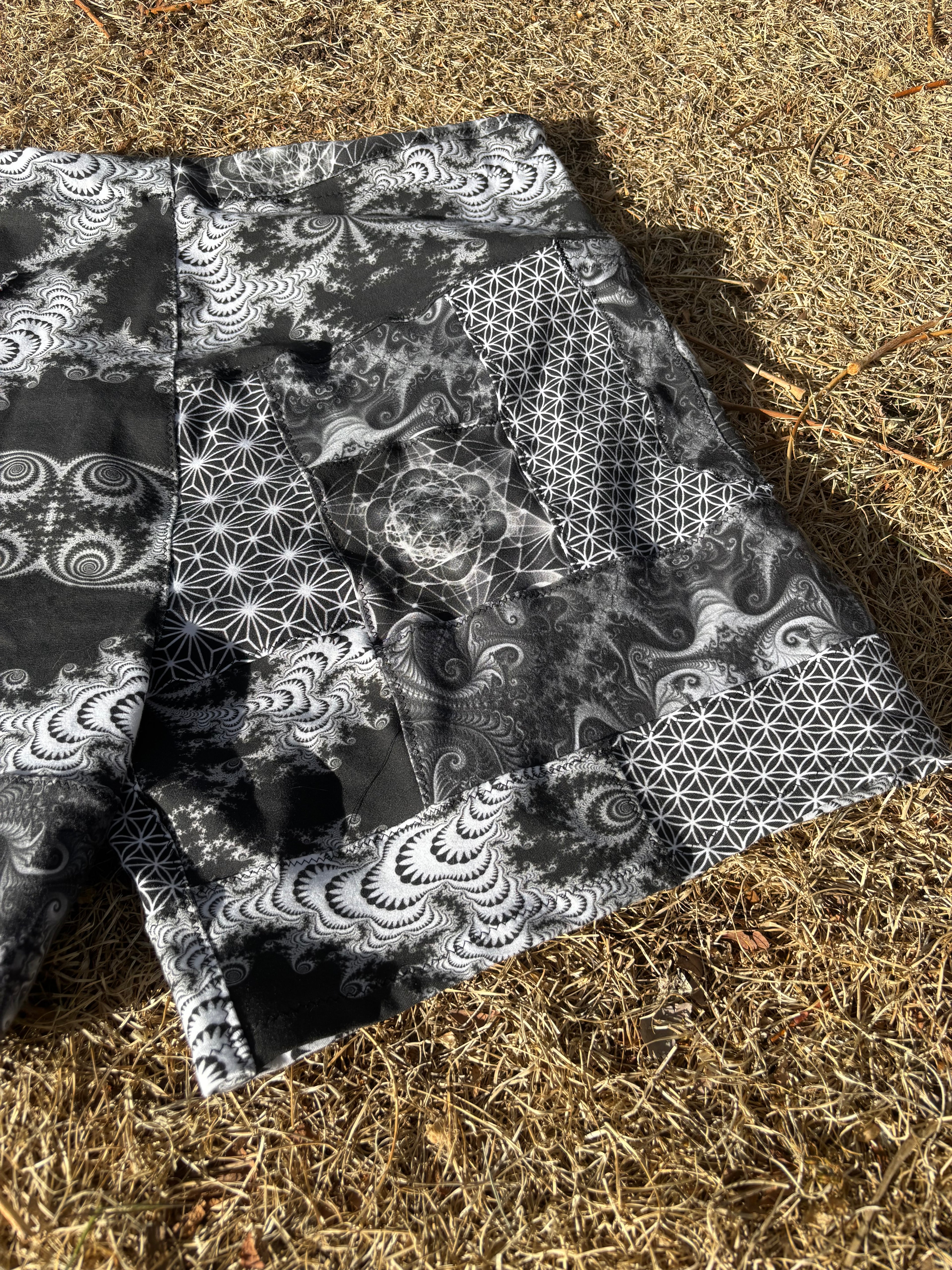 B&W Patchwork Shorts - OOAK - 36” Waist Max