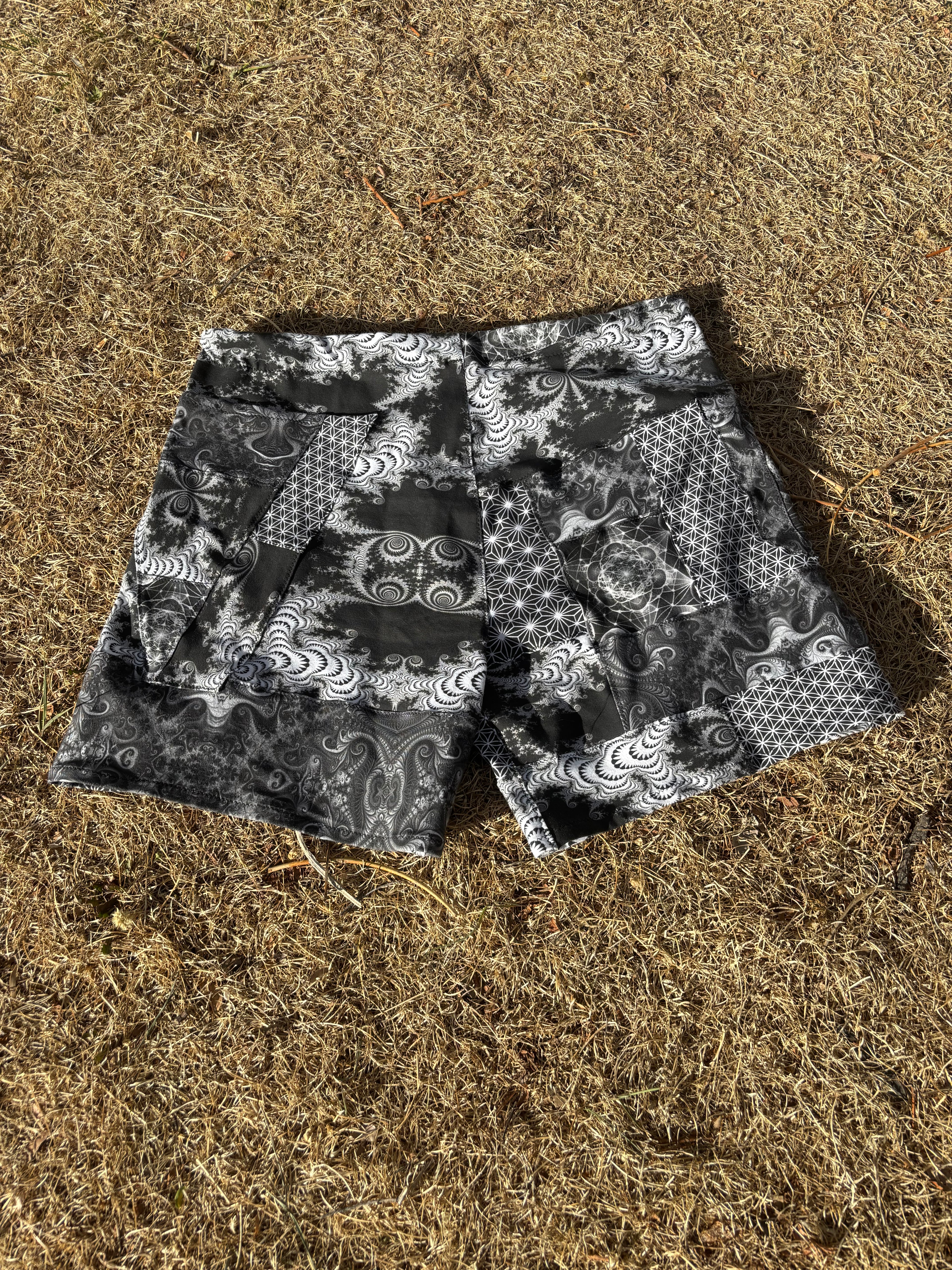 B&W Patchwork Shorts - OOAK - 36” Waist Max